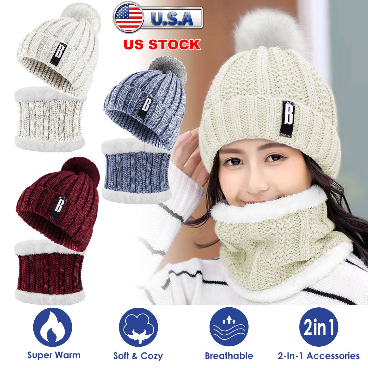 Beanie Hat and Scarf Set - Fleece Lined Winter Knit