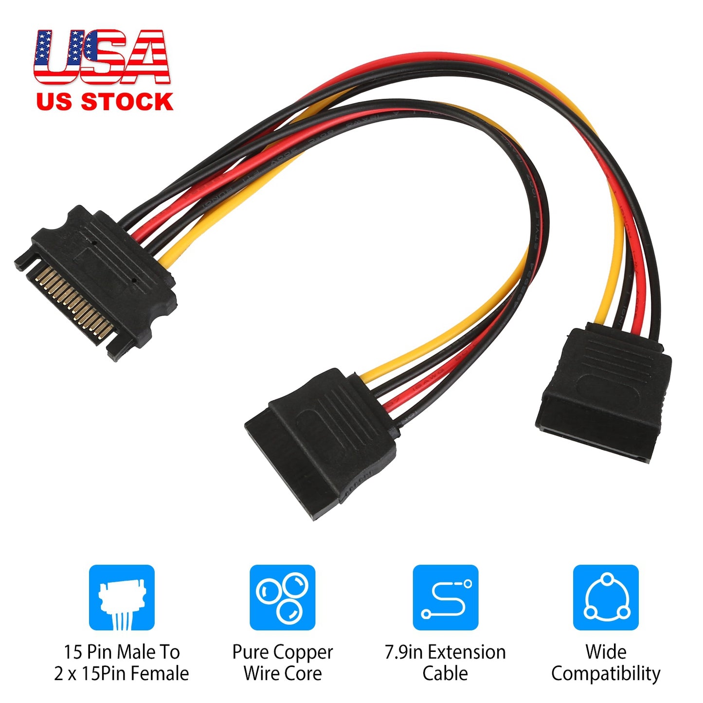15-Pin SATA Power Y Splitter Cable Adapter - 7.9 Inch