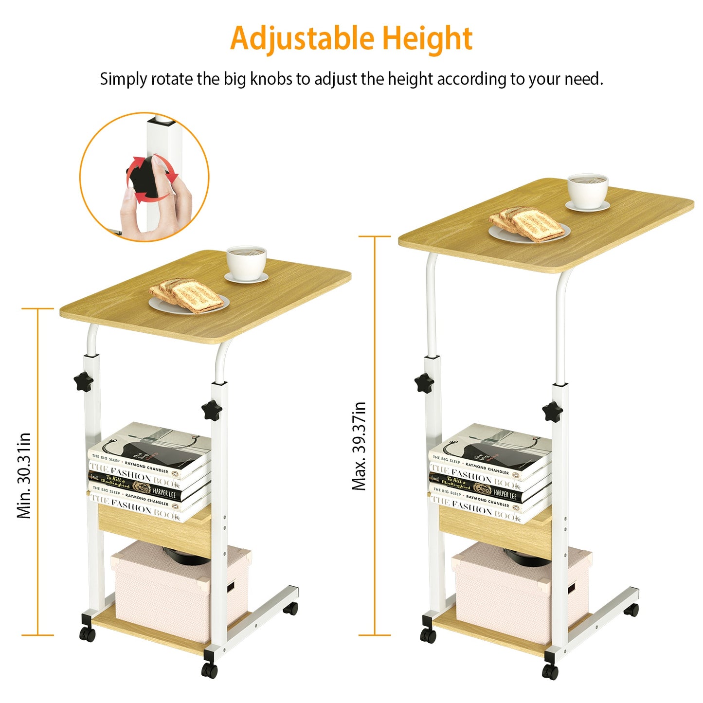 C-Shaped Rolling Laptop Desk with 3-Tier Adjustable Height