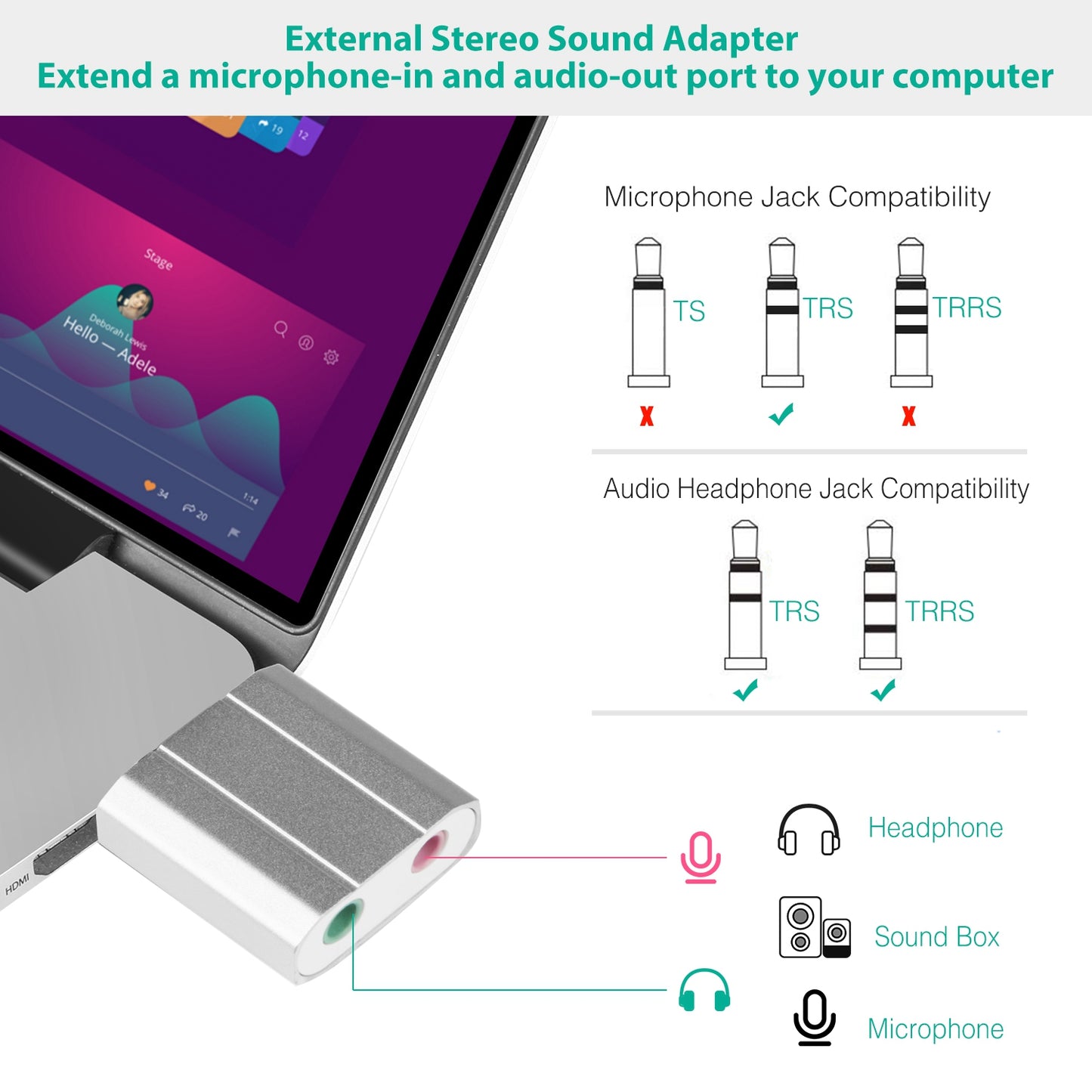USB Audio Adapter with 3.5mm Headphone & Microphone Jacks