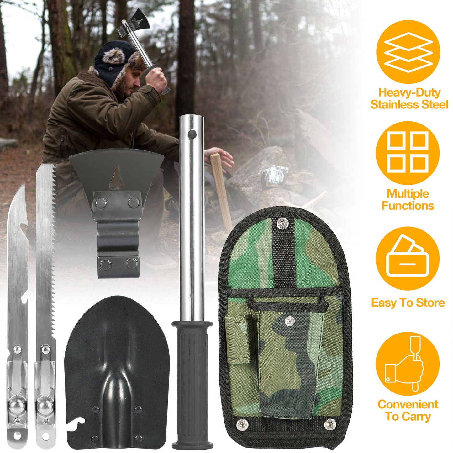6-in-1 Multi-Tool Survival Kit with Shovel, Axe, Knife & Saw