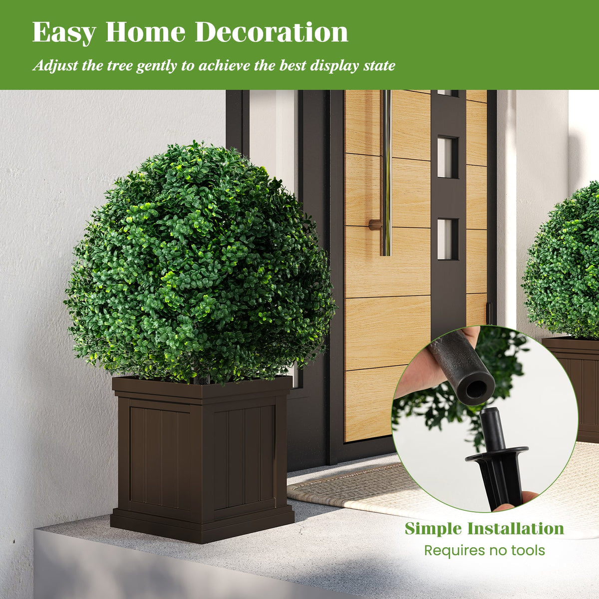 28 Inches Artificial Boxwood Topiary Ball Tree Set of 2 with Ground Spike-Green