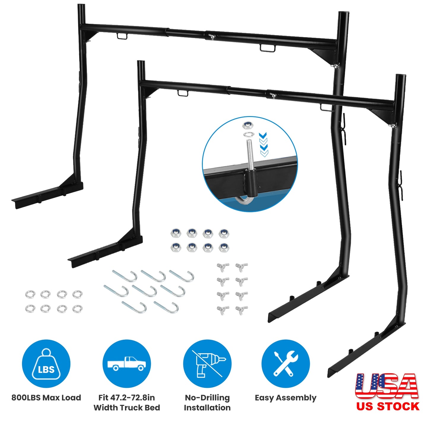 Extendable Truck Ladder Rack 800lbs Capacity No-Drill Install