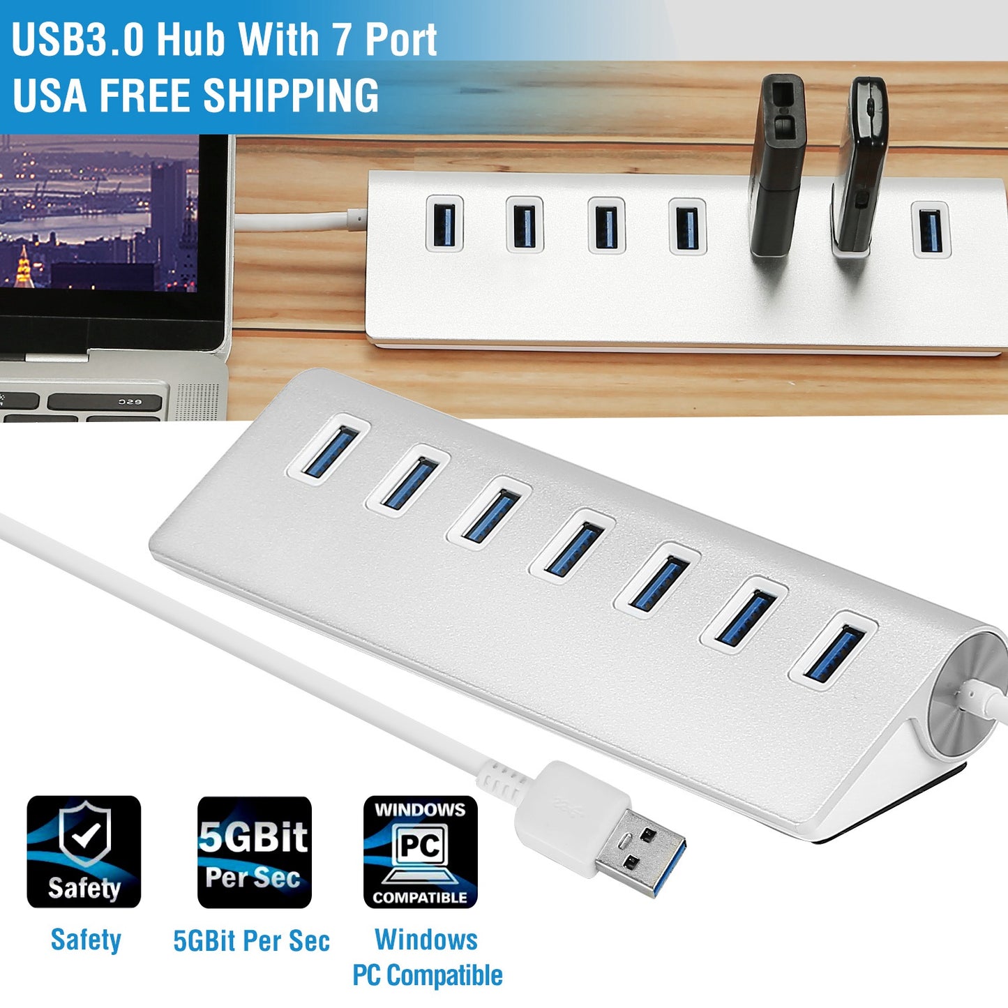 7-Port USB 3.0 Hub with Aluminum Body and 1ft Cable