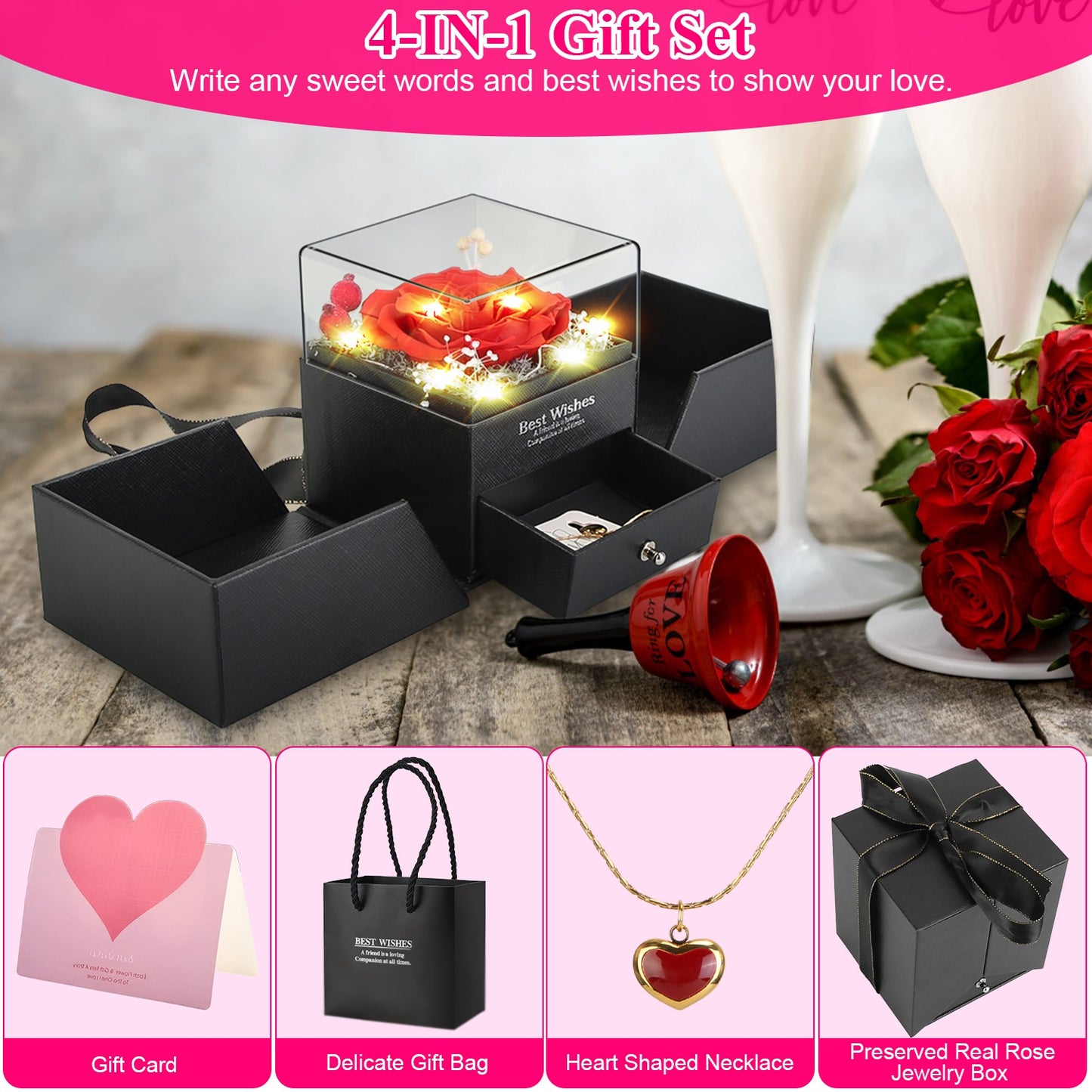 Preserved Red Real Rose with Heart Necklace