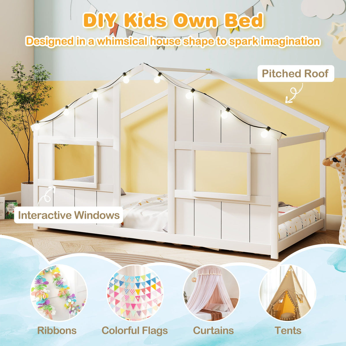 Twin Size House Bed with LED Lights Montessori Slat-free Floor Bed