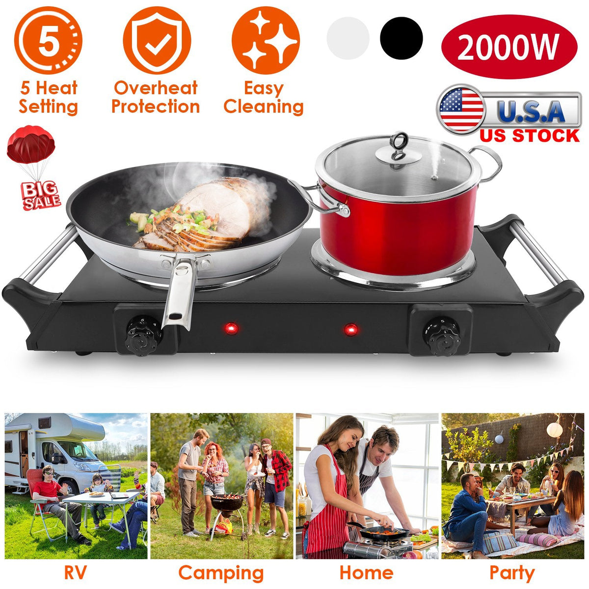 2000W Electric Dual Burner Portable Coil Heating Hot Plate Stove Countertop RV Hotplate with 5 Temperature Adjustments Portable Handles