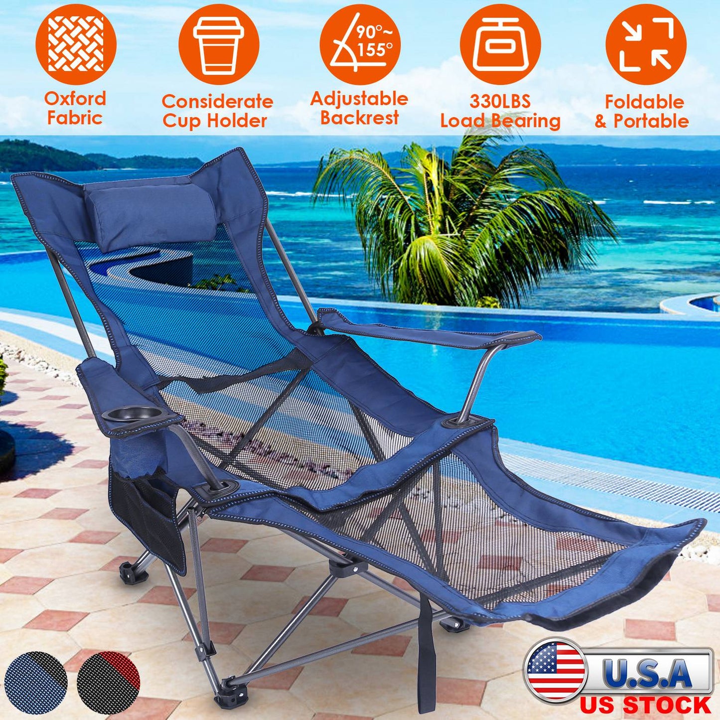 Foldable Camping Chair with Reclining Backrest - 330 LBS Capacity