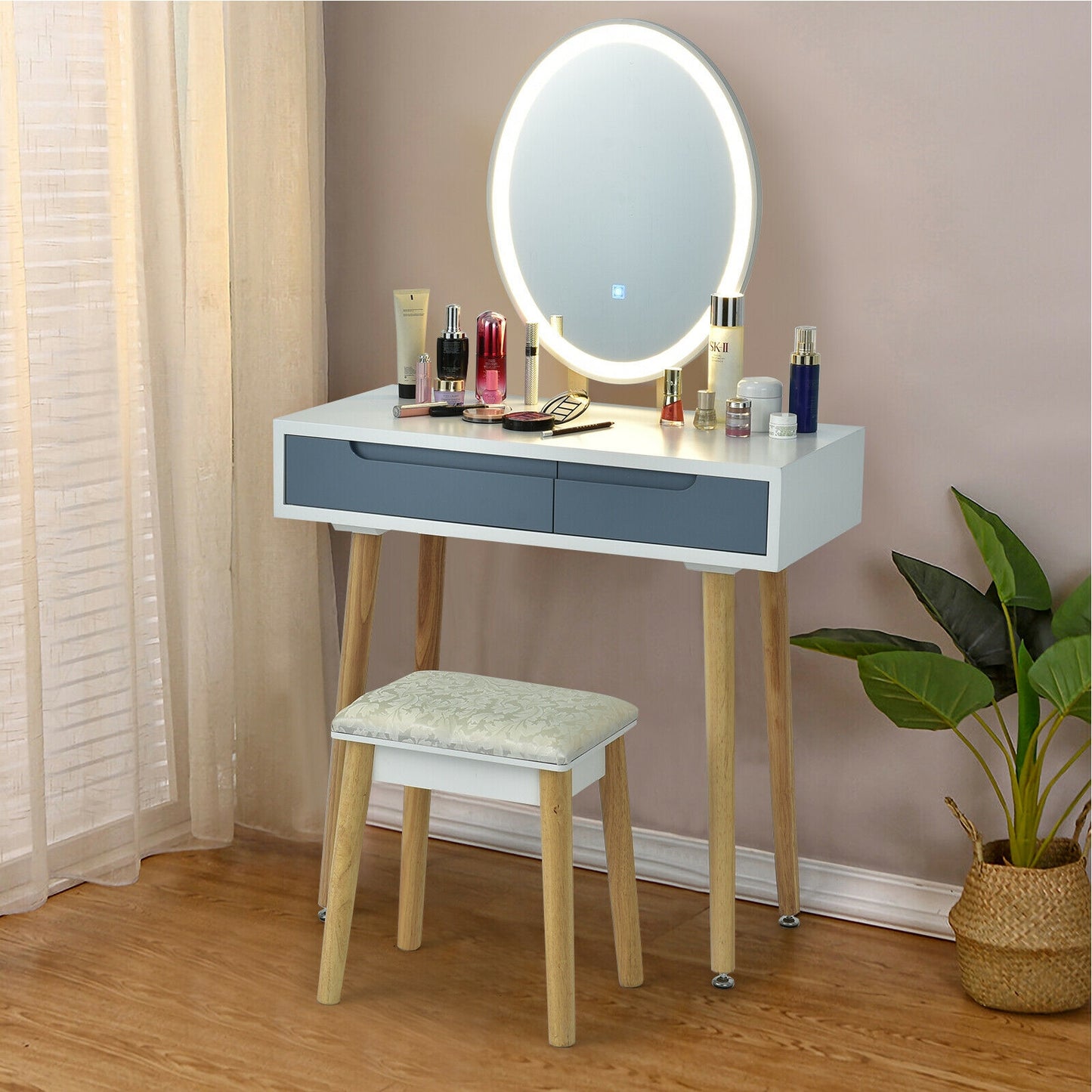 Vanity Makeup Table with Lighted Mirror and Stool Set