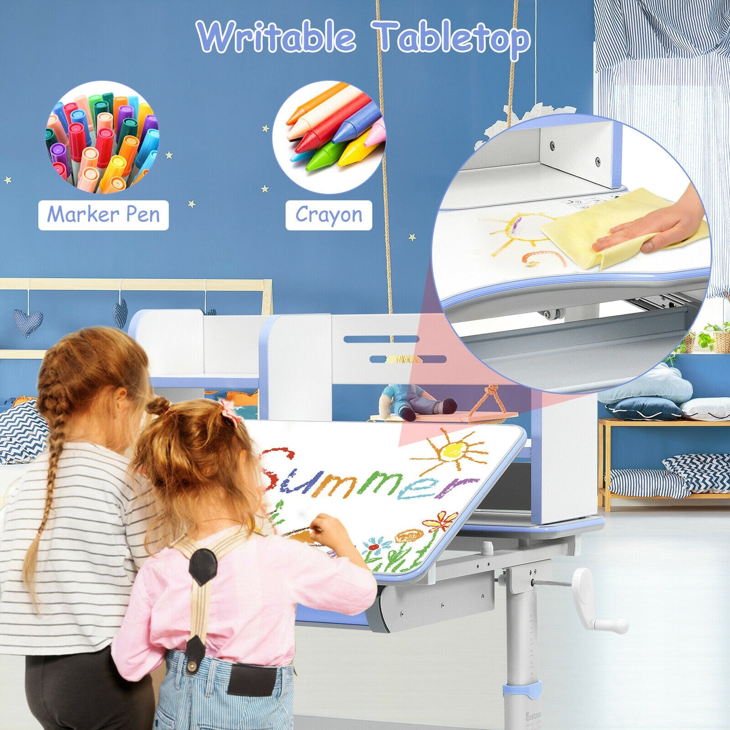 Kids Adjustable Writing Desk with Tilting Desktop and Shelf
