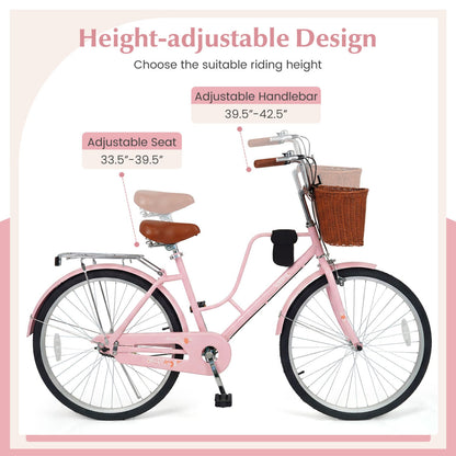 26-Inch Beach Cruiser Bike with Basket and Cup Holder - Pink