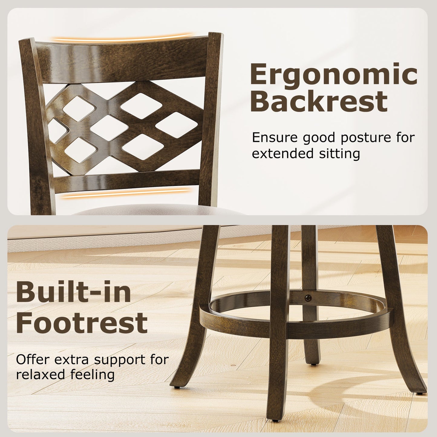 26 Inch Counter Height Bar Stools Set of 2 with Rubber Wood Frame
