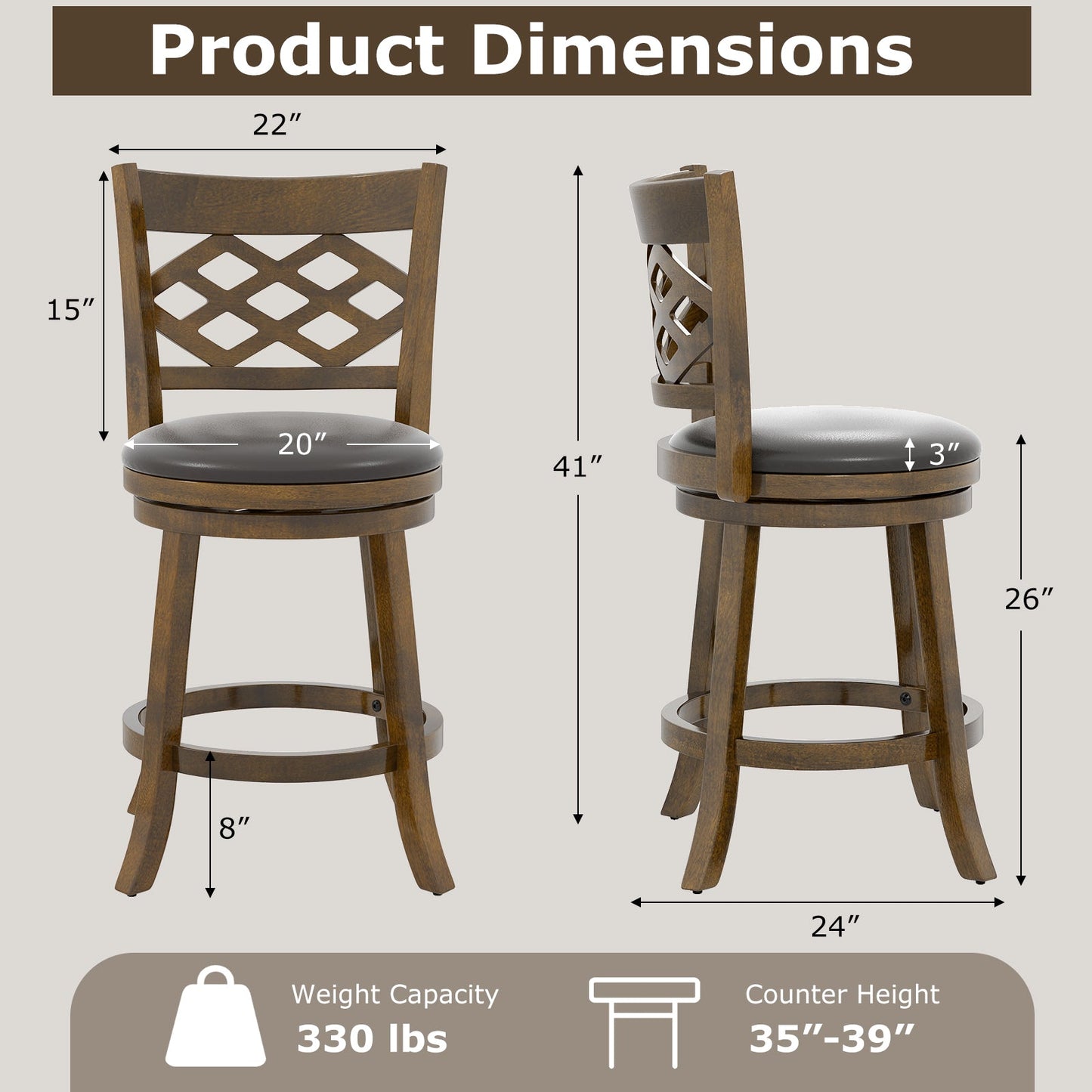 26 Inch Counter Height Bar Stools Set of 2 with Rubber Wood Frame