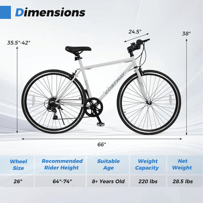 26 Inch Mountain Bike Adjustable with 6-Speed and All-terrain Rubber Wheels