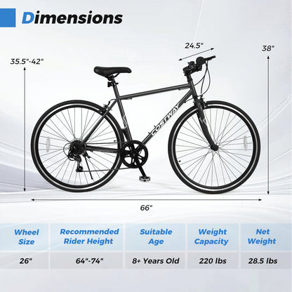 26 Inch Mountain Bike Adjustable with 6-Speed and All-terrain Rubber Wheels