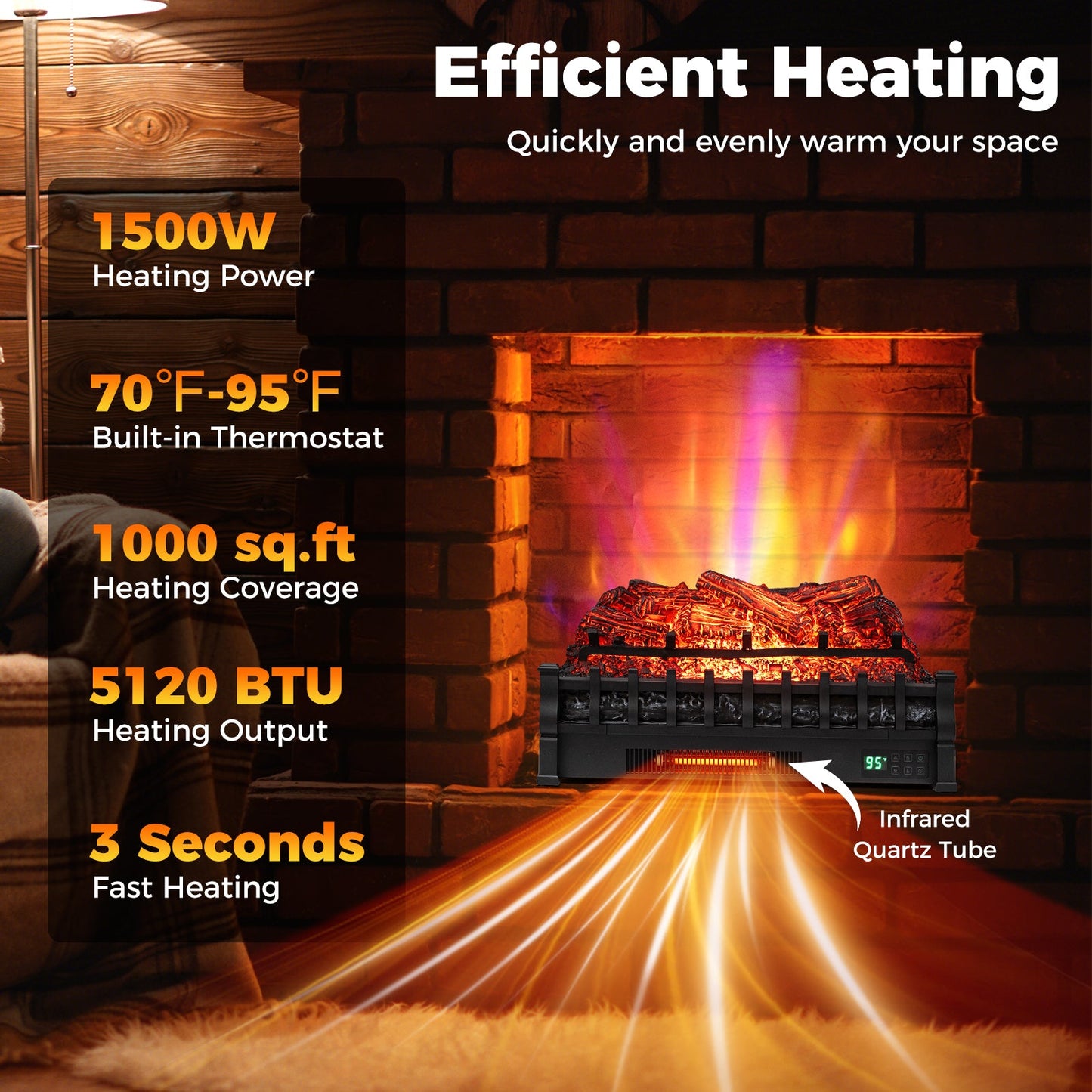 26 Inch WiFi Infrared Quartz Electric Fireplace Insert Logs Heater with Realistic Pinewood Logs-Black
