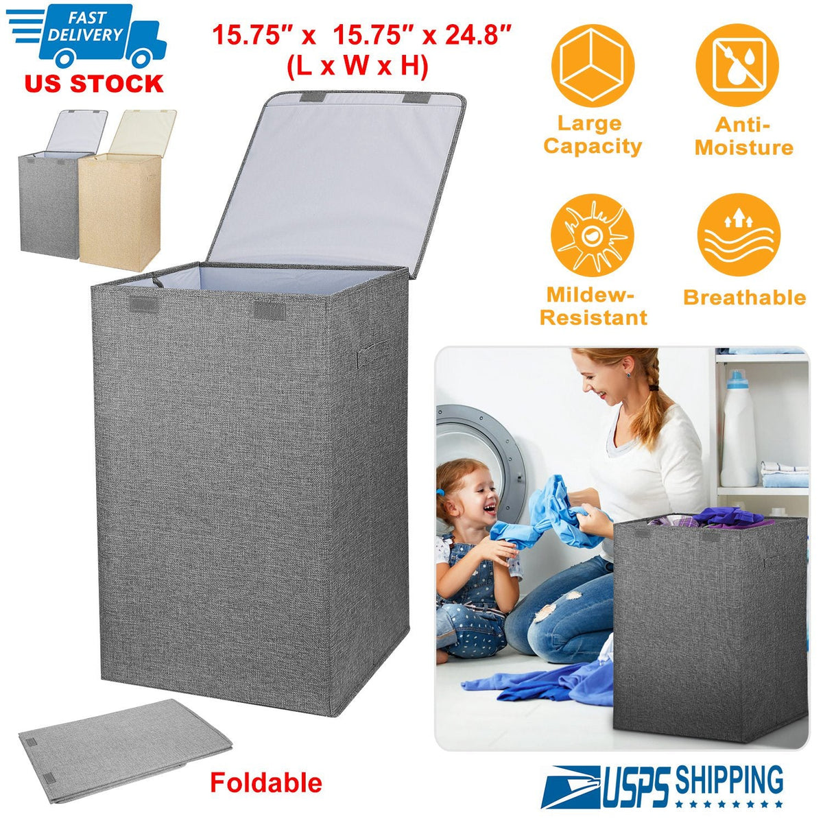 Foldable Laundry Hampers Washing Clothes Laundry Basket w/ Lid Handles Storage Organizer