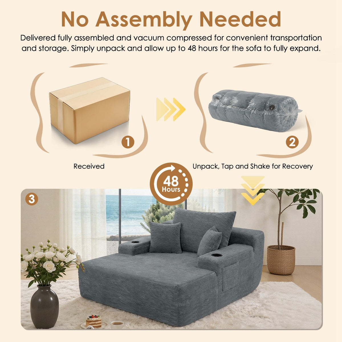 Convertible Chaise Lounge Sleeper Sofa with Cup Holders & Pillows