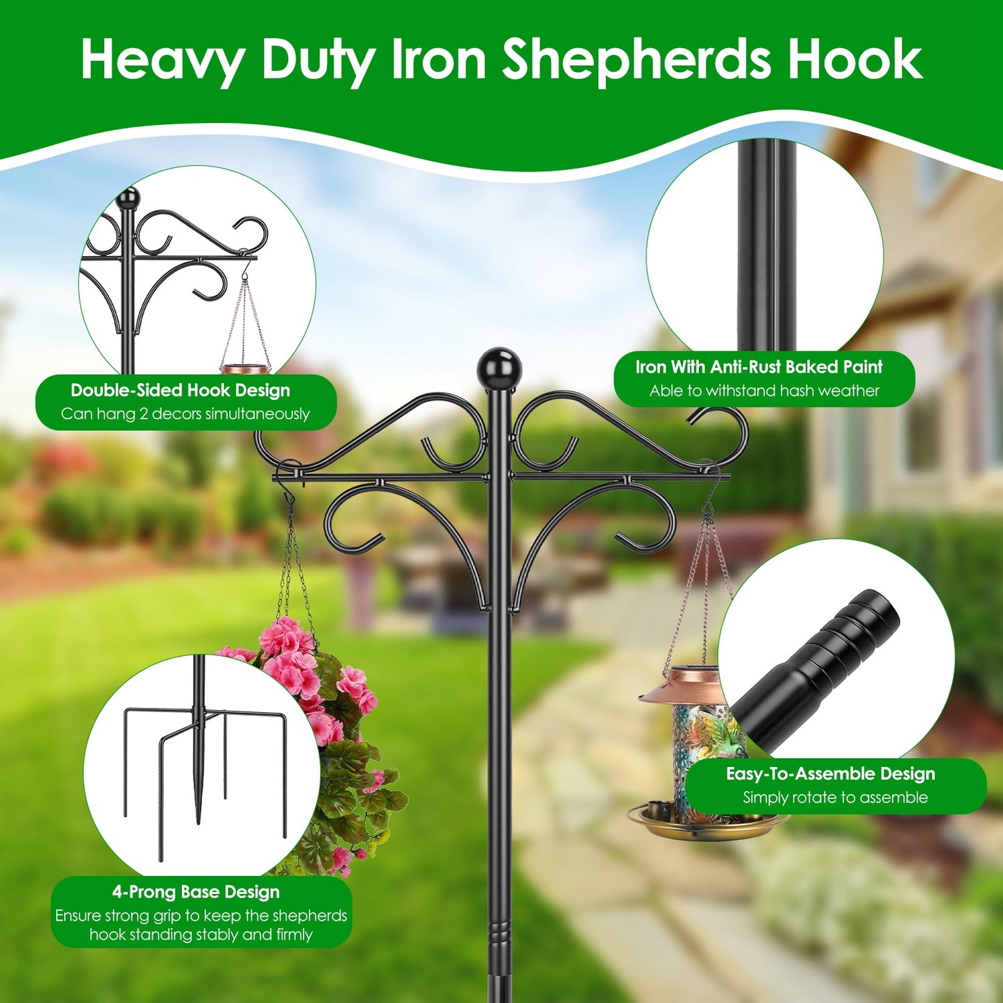 Double Shepherd Hook 76in Adjustable Garden Pole with 5-Prong Base