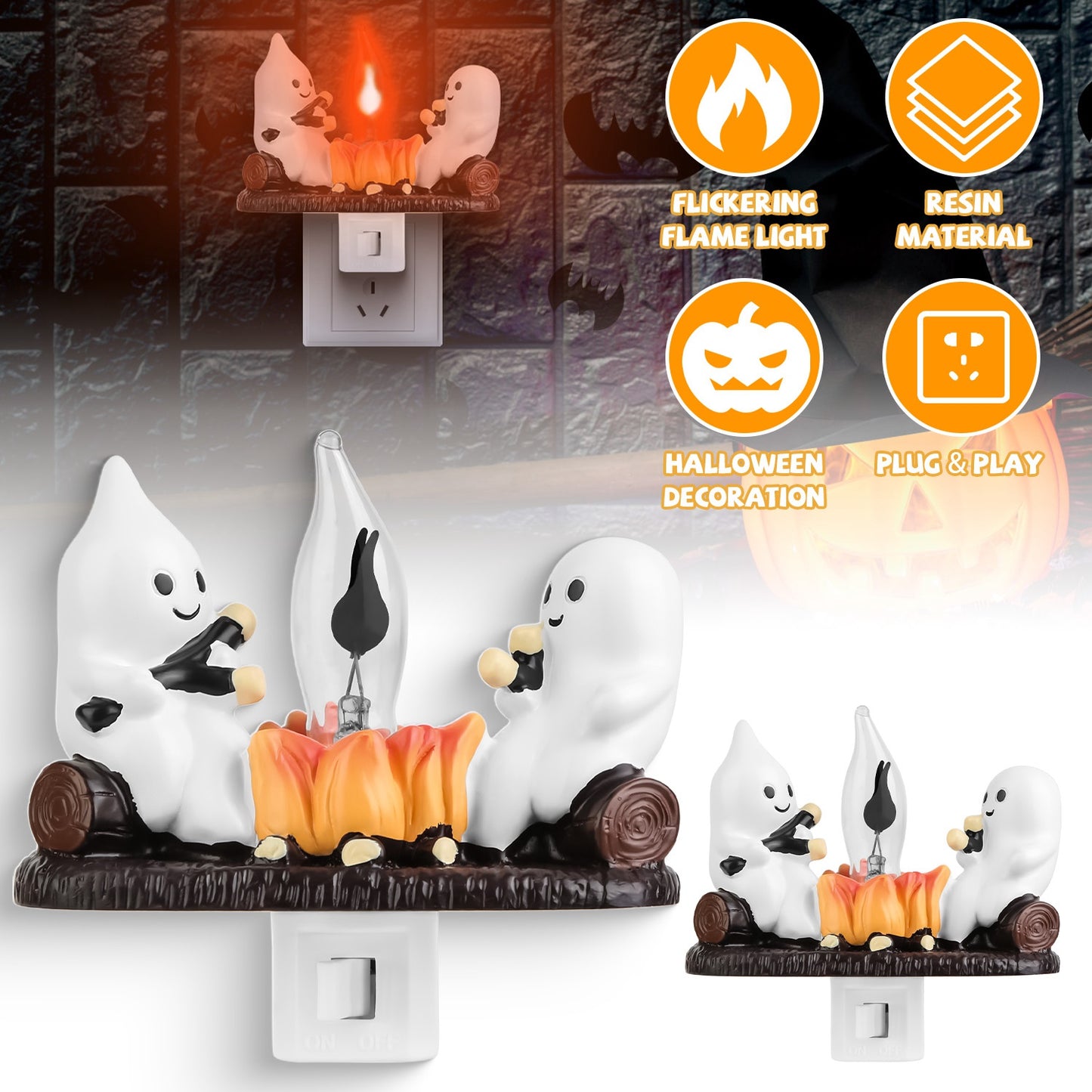Ghost Campfire Flickering Night Light - 2 Pack Halloween Decor