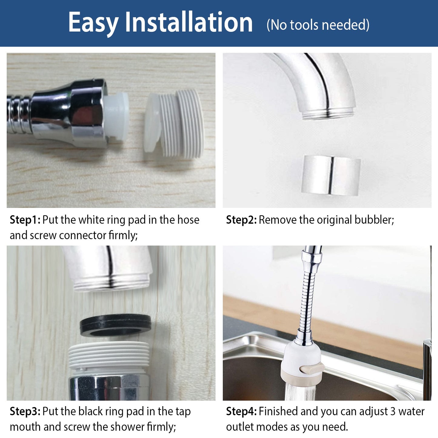 360° Rotatable Kitchen Faucet Aerator with 3 Spray Modes