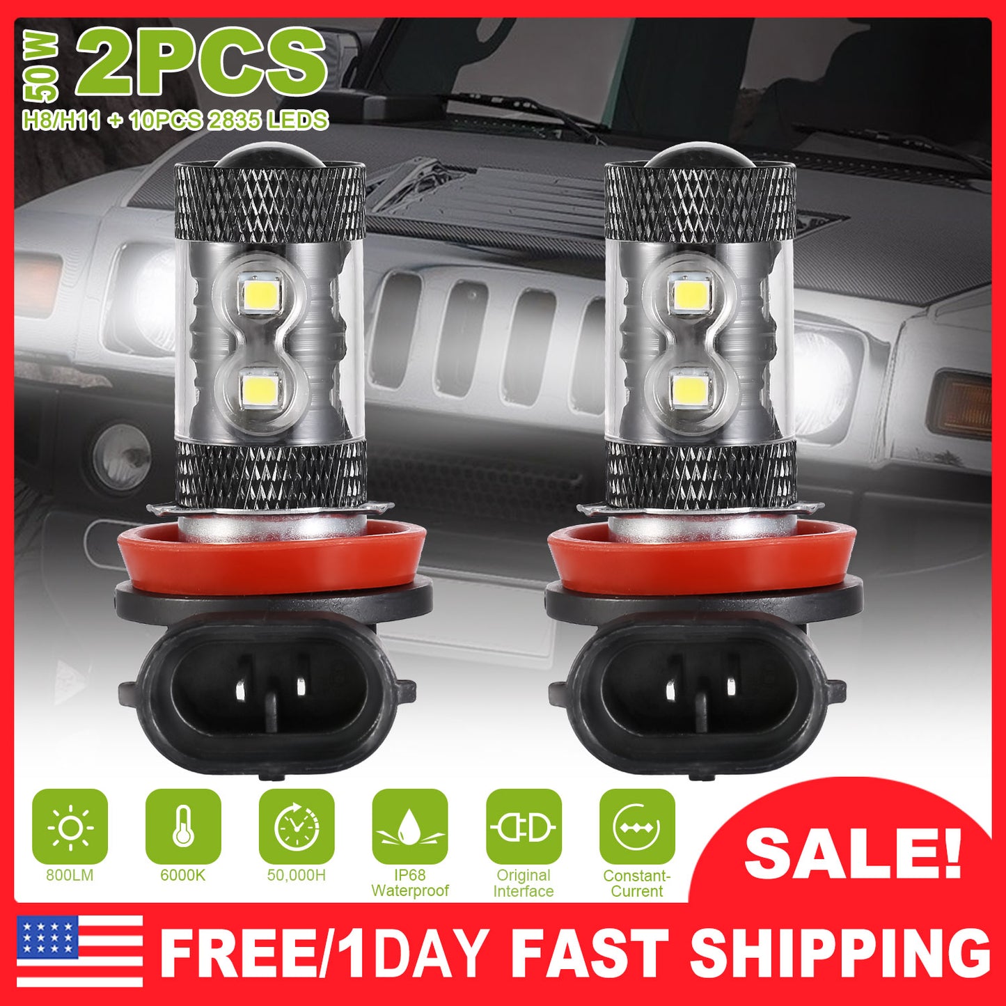 H8/H9/H11 LED Fog Light Bulbs 800LM 6000K White (2-Pack)