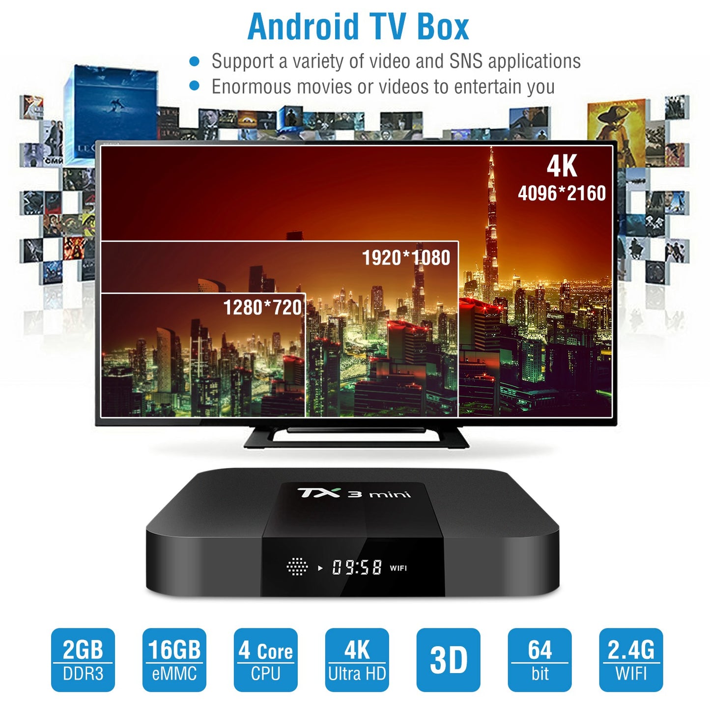 Android TV Box 4K Streaming Media Player with 2GB RAM
