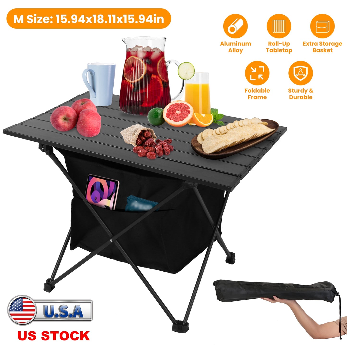 Foldable Camping Table with Storage Basket and Carrying Bag