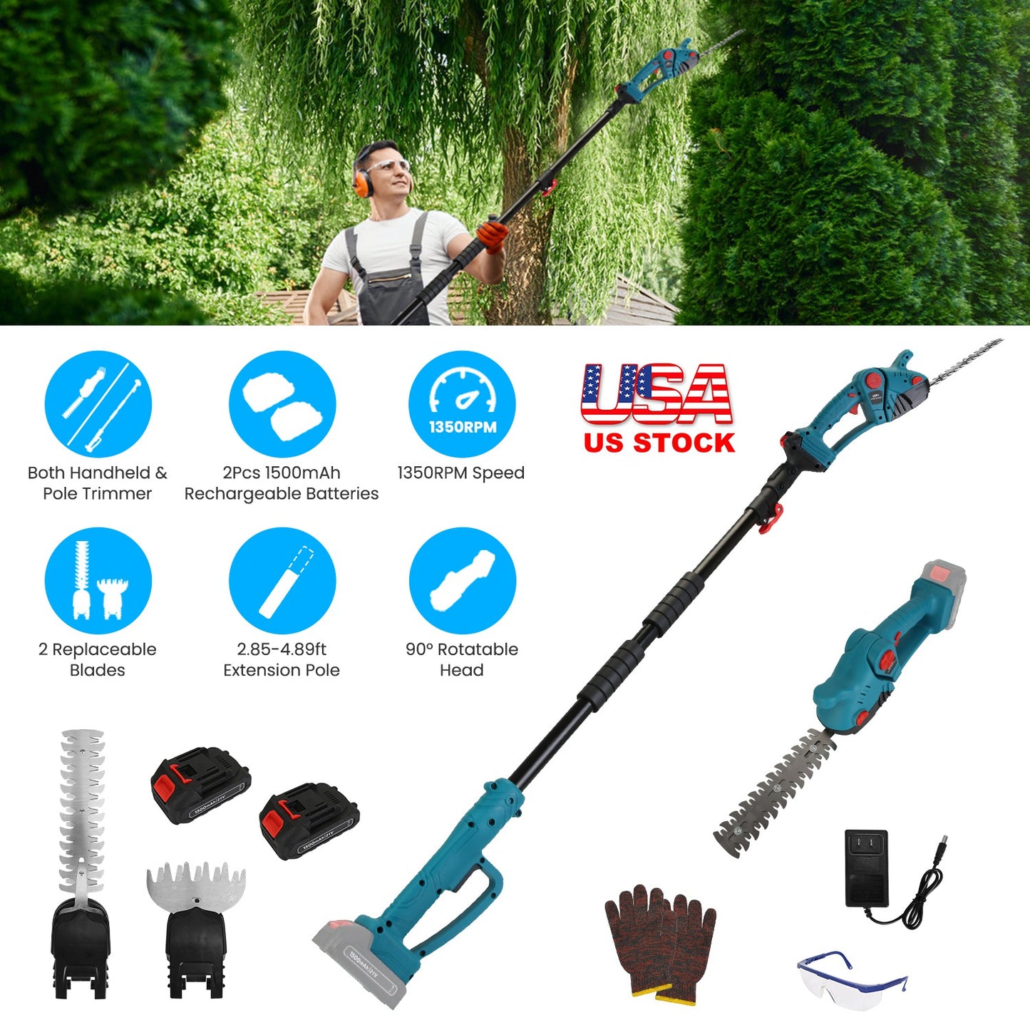 Cordless Hedge Trimmer with Telescopic Pole & Rotating Head