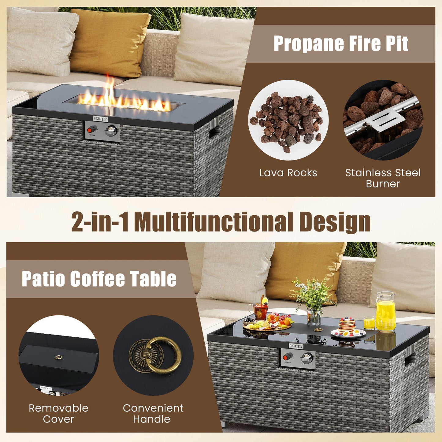 2-Piece Outdoor Rattan Fire Table Set 32 Inch Rectangle Gas Firepit with Tank Cover