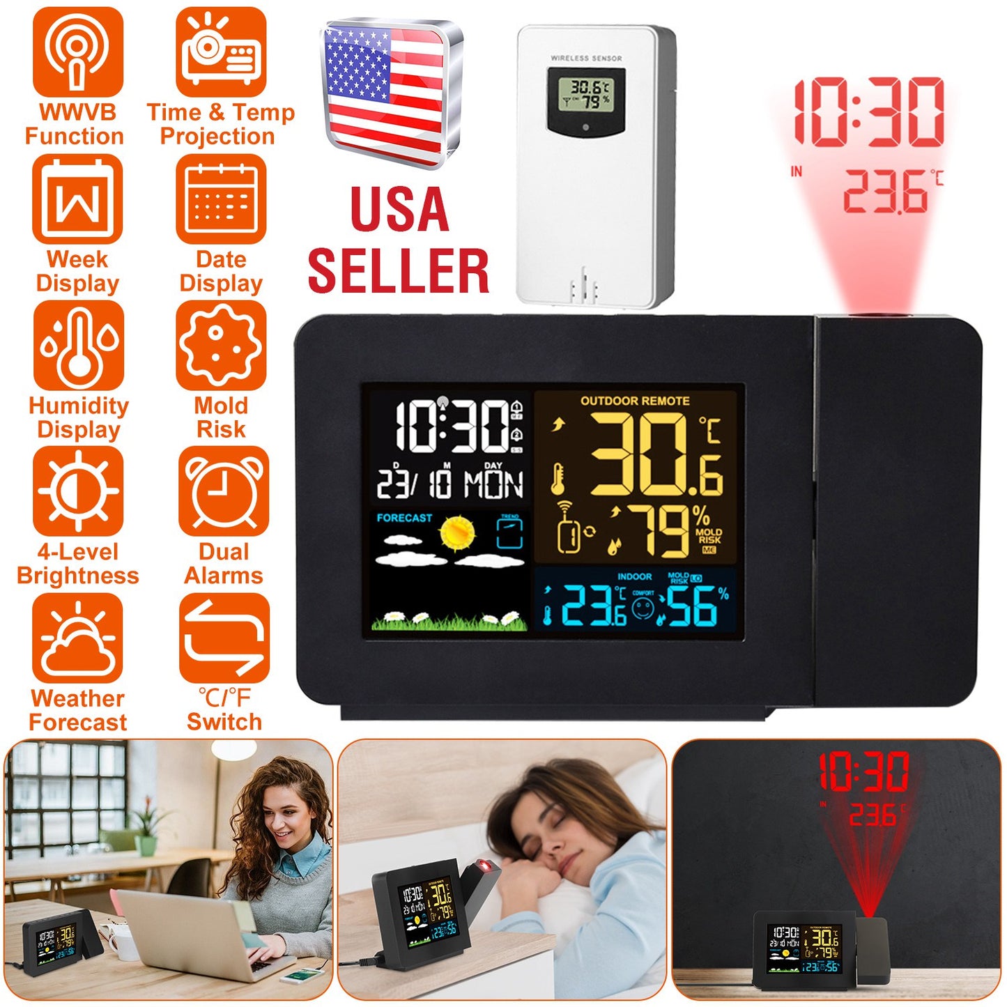 Atomic Projection Alarm Clock with Weather Station & Dual Alarms