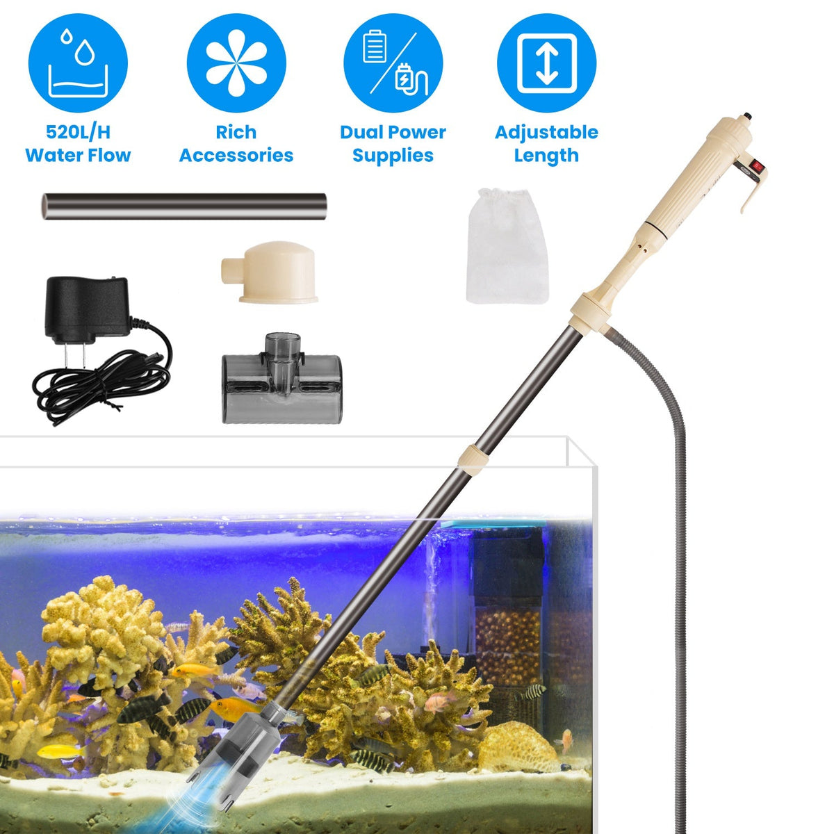 Multifunctional Electric Aquarium Gravel Cleaner Kit Length Adjustable Automatic Fish Tank Vacuum Cleaner Change Water Wash Sand Filter Dirt Removal