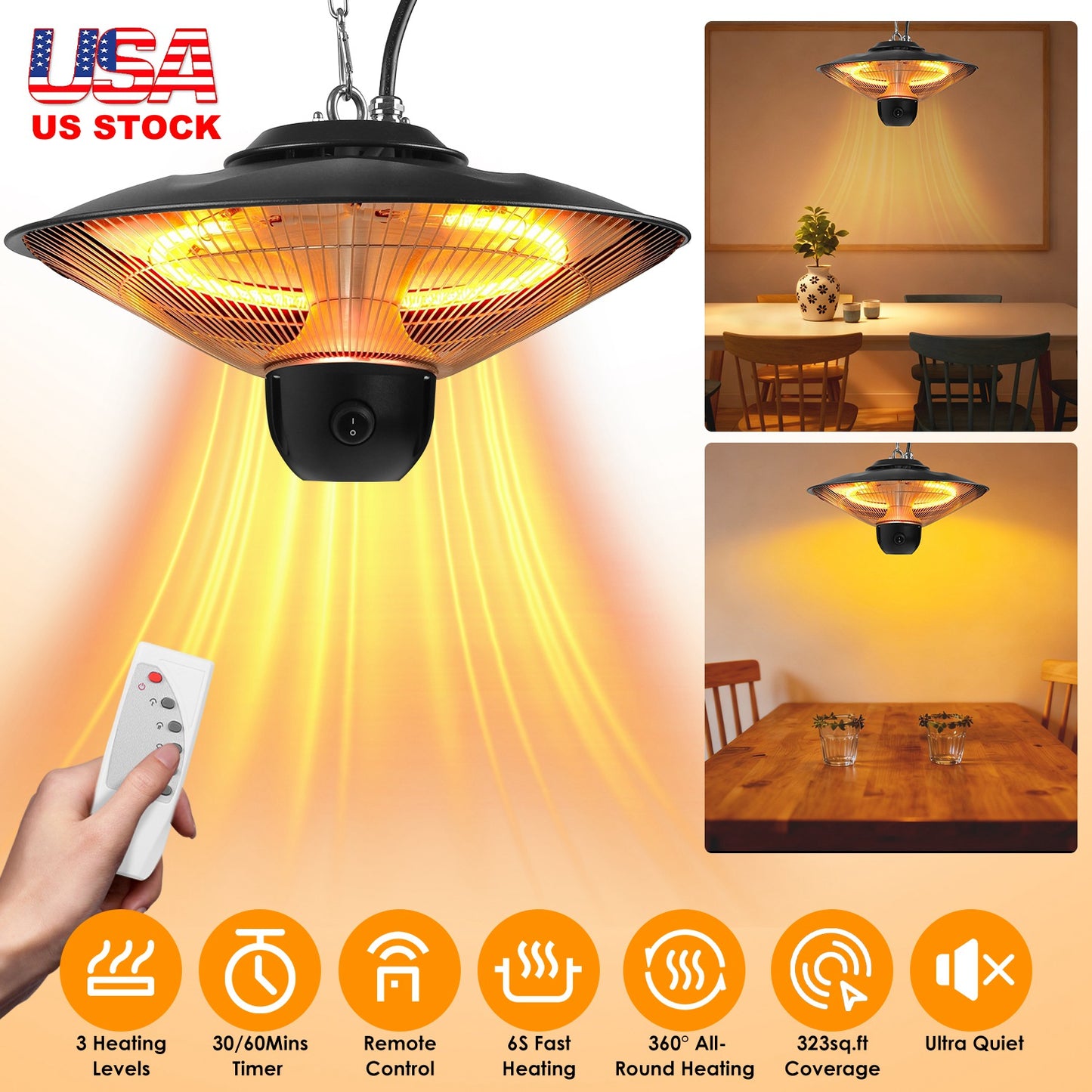 1500W Electric Patio Heater with Remote & Timer
