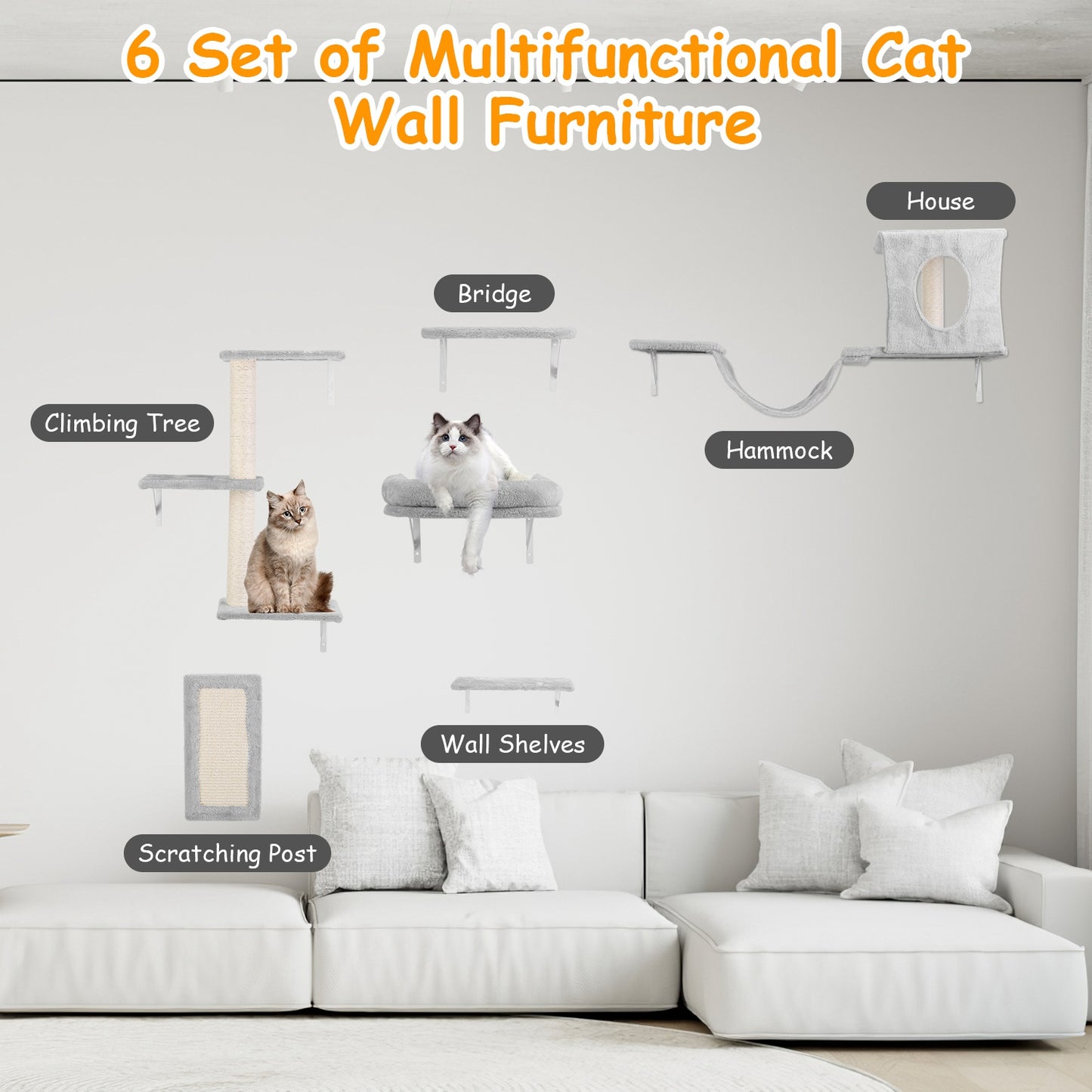 Cat Wall Shelves 6-Piece Climbing Set with Houses & Scratching Post