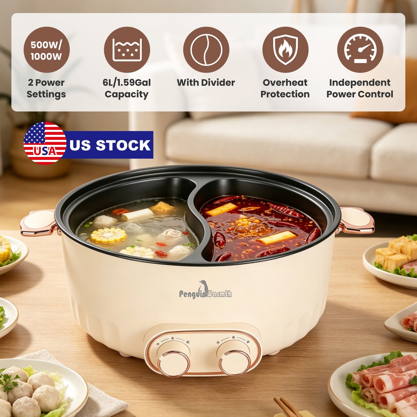 Electric Hot Pot with Divider 6L Dual Control 2000W