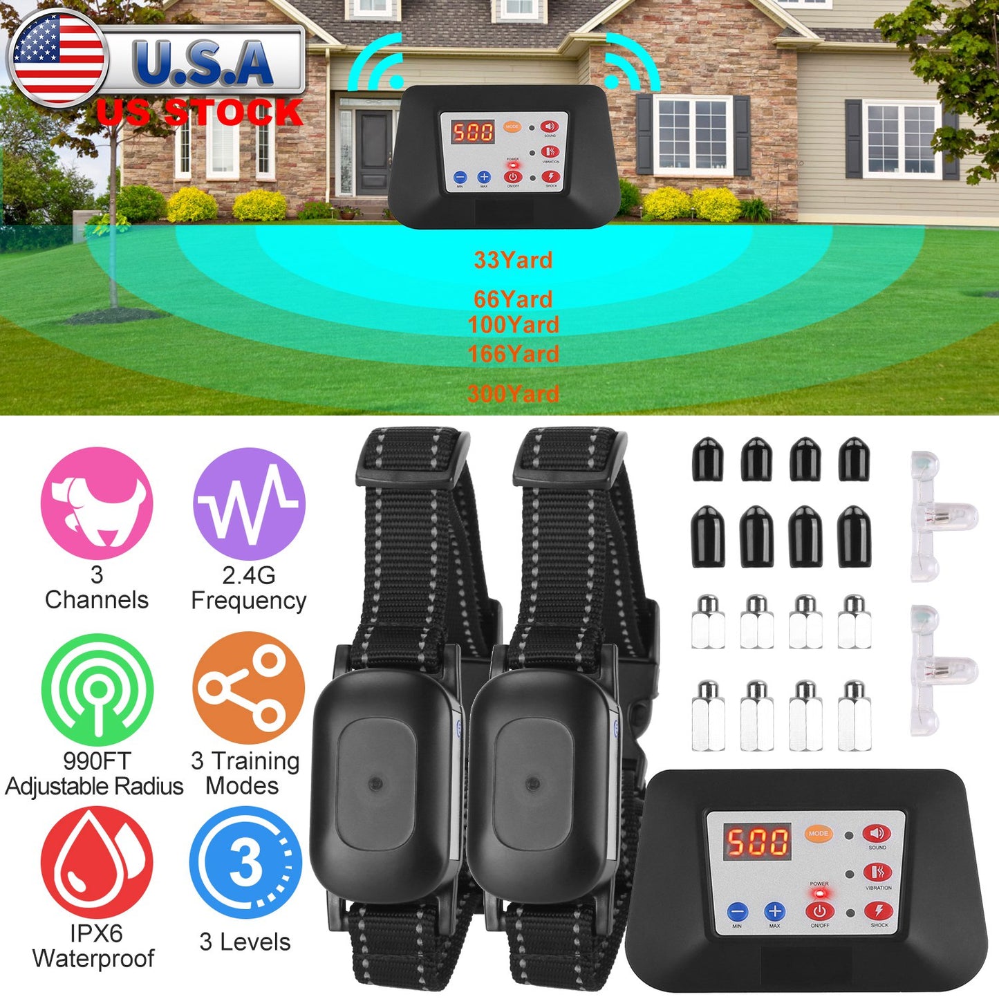 Wireless Dog Fence & Training Collar System 990FT Range