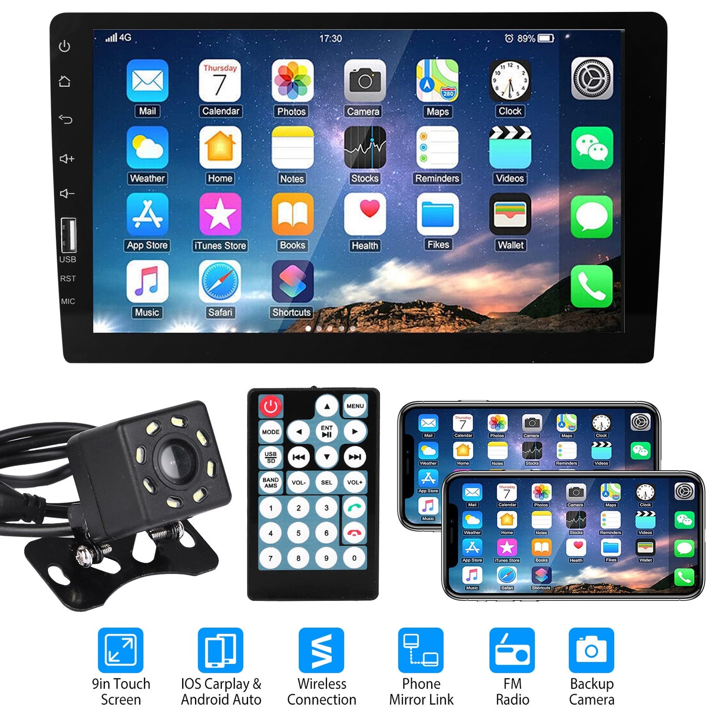 9-Inch Touchscreen Car Stereo with Backup Camera & CarPlay