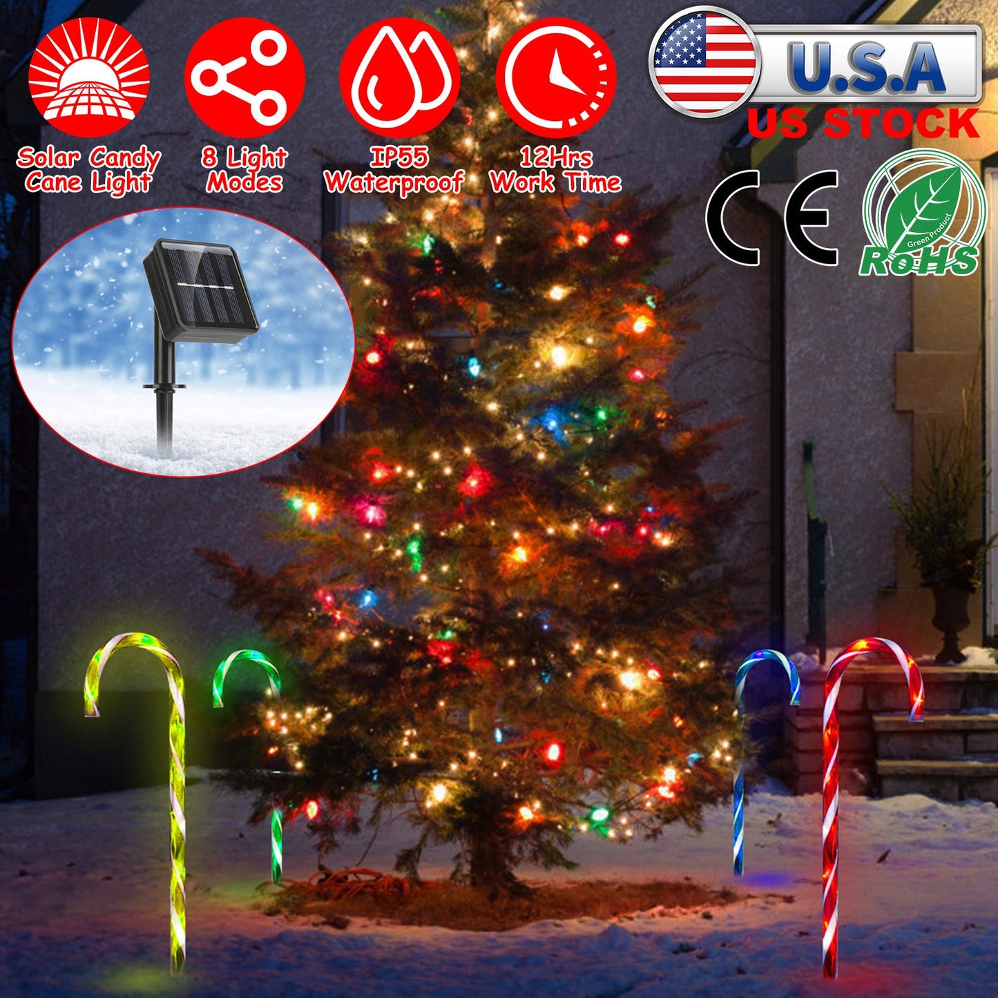 Solar Candy Cane Pathway Lights - 4 Pack with 8 Light Modes