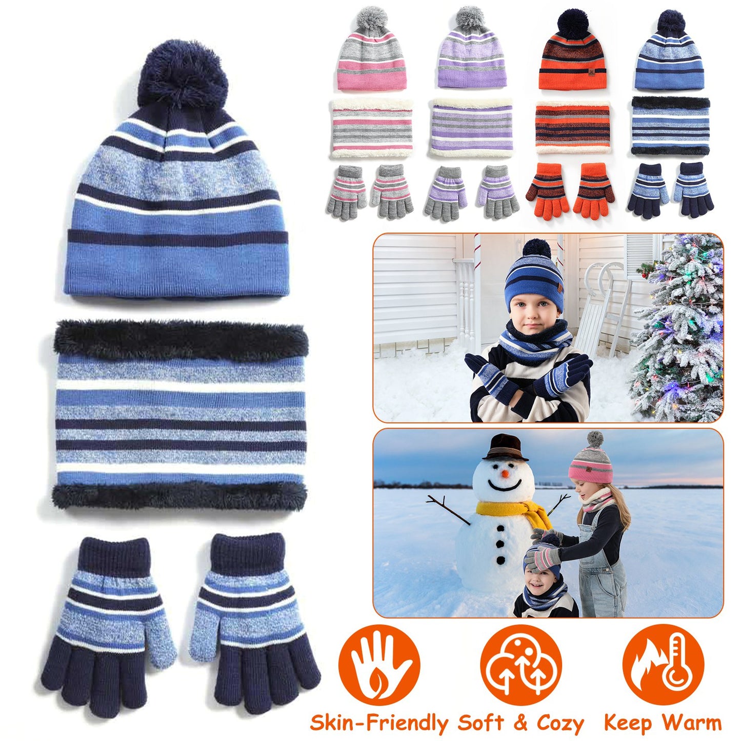 Kids Winter Warm Knitted Hat Scarf Gloves Set