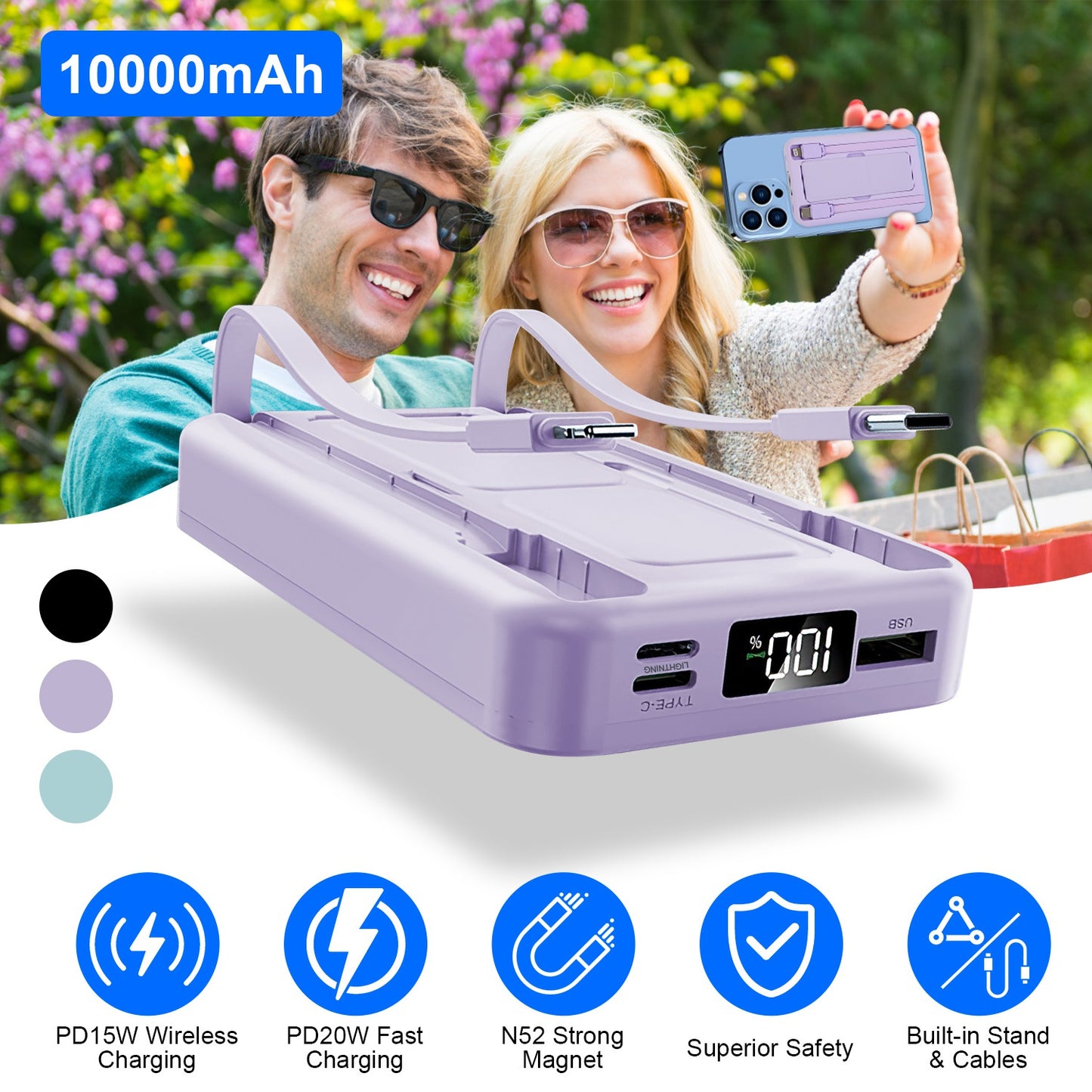 10000mAh MagSafe Power Bank with Built-In Cables & Stand