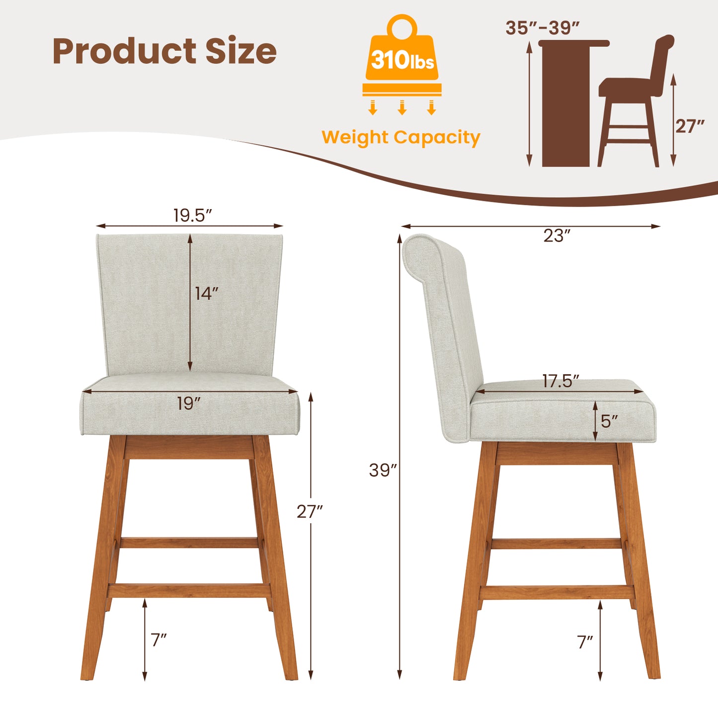 Counter Height Swivel Bar Stools Set of 2 - 27 Inch