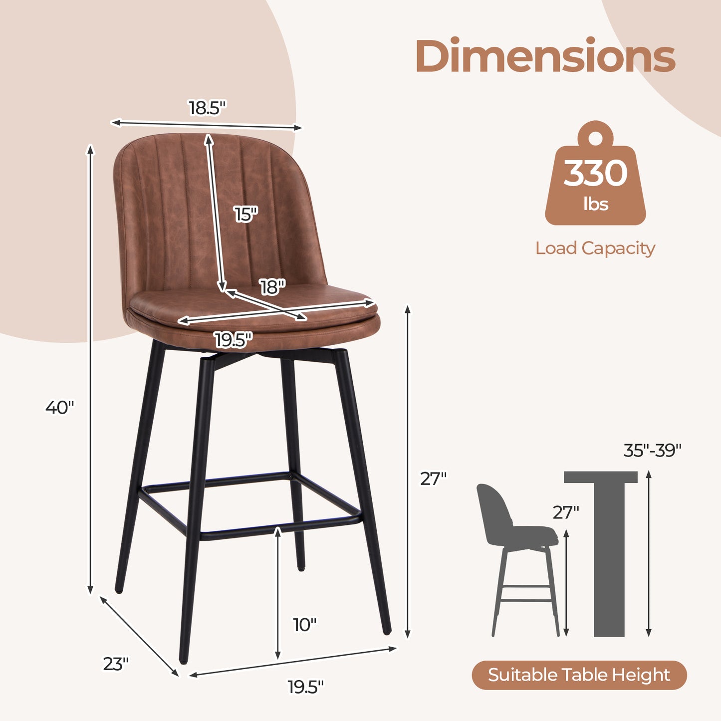 Swivel Bar Stools Set of 2 - 27 Inch Counter Height