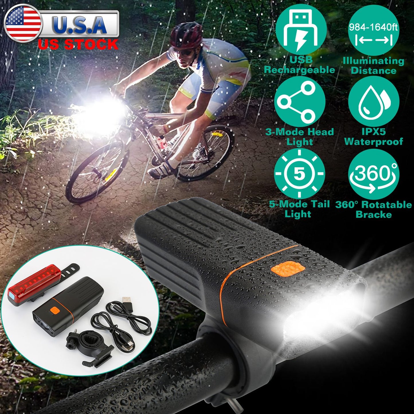 USB Rechargeable Bike Light Set with Headlight and Taillight