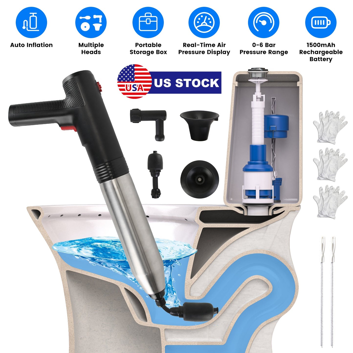 Electric Toilet Plunger with Pressure Display & Multiple Heads