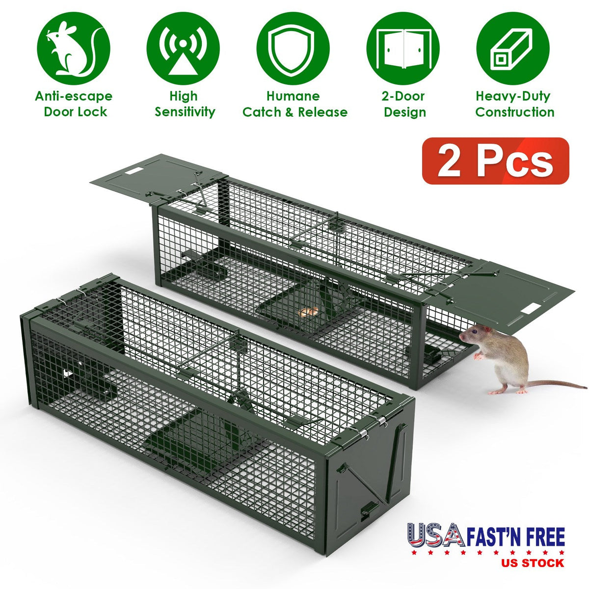 2Pack 15.35x4.72x3.94in 2-Door Humane Live Rat Trap Galvanized Iron Rodent Trap Cage Reusable for Home Garden Farm Warehouse