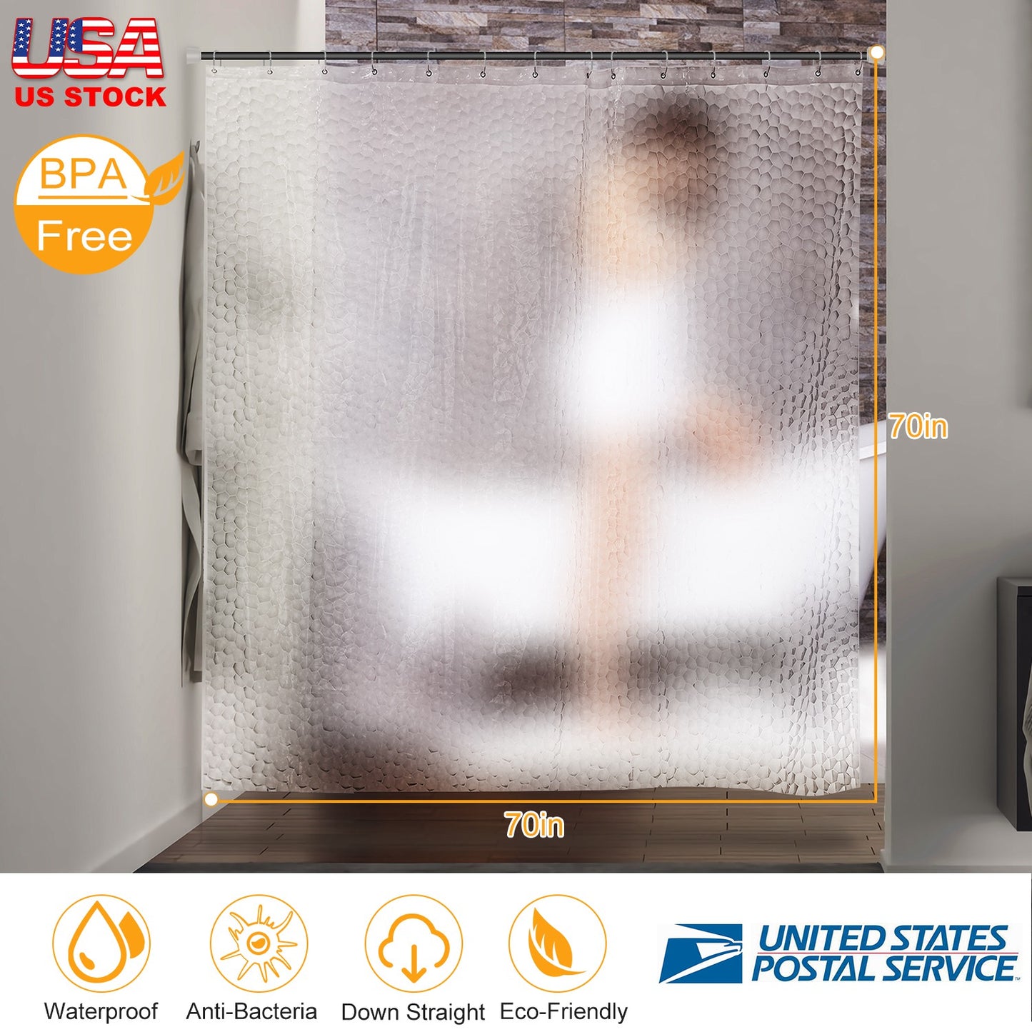 Waterproof EVA Shower Curtain 70x70 Inches with 12 Hooks