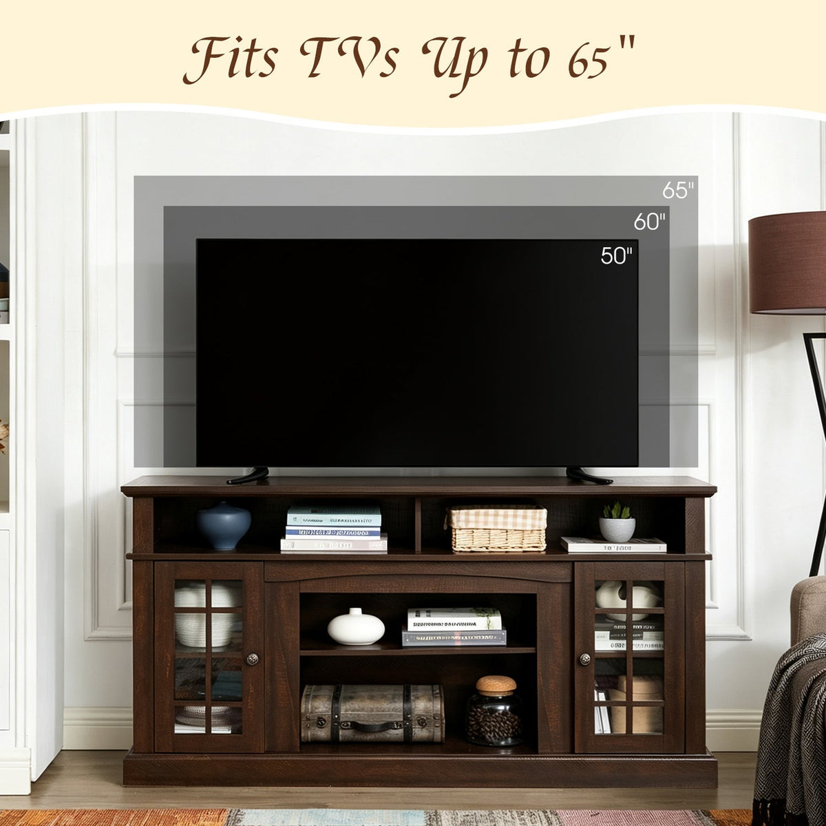 58" TV Stand with Glass Door Cabinets for TVs up to 65"