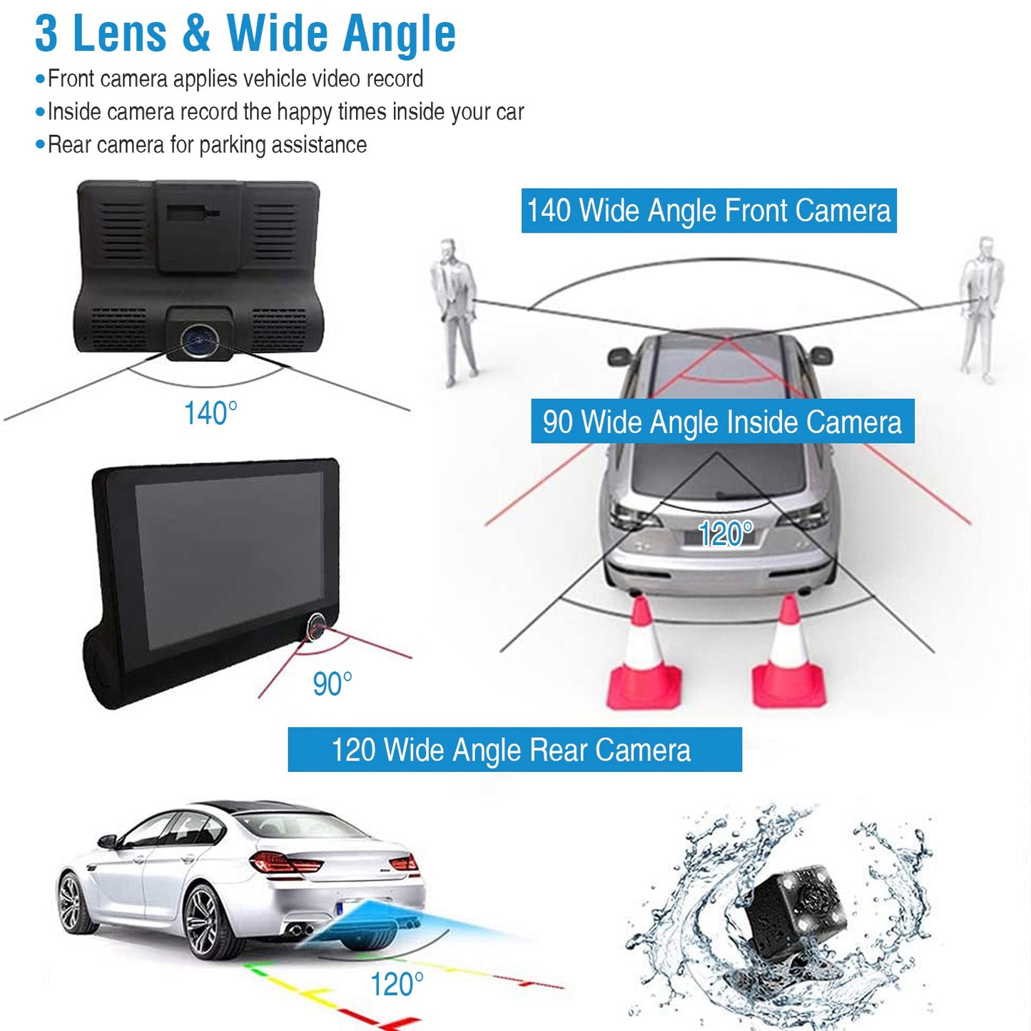 Dash Cam 3-Lens 1296P Front Rear Interior 4" Screen
