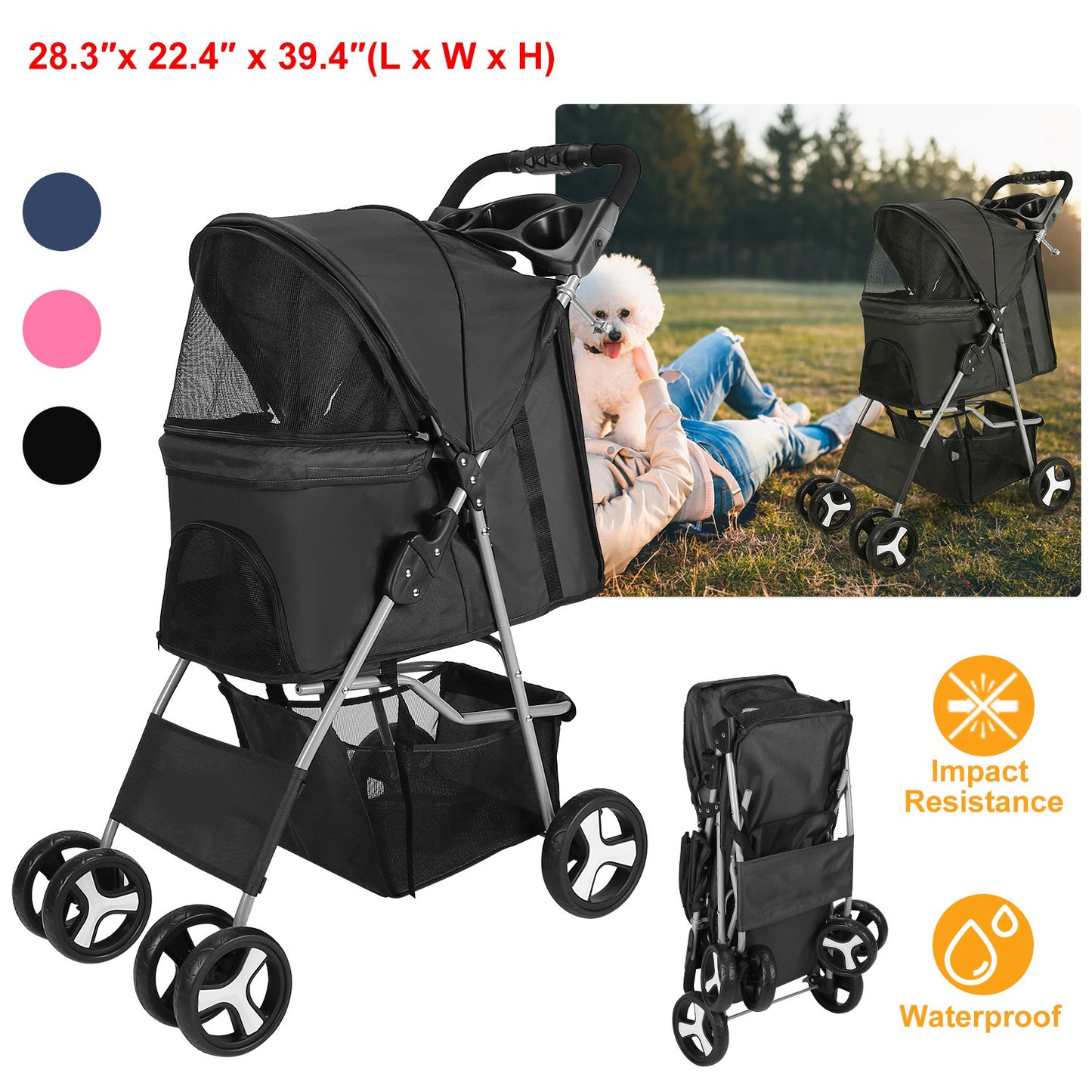 Pet Stroller with 4 Wheels - Foldable Carrier for Dogs & Cats