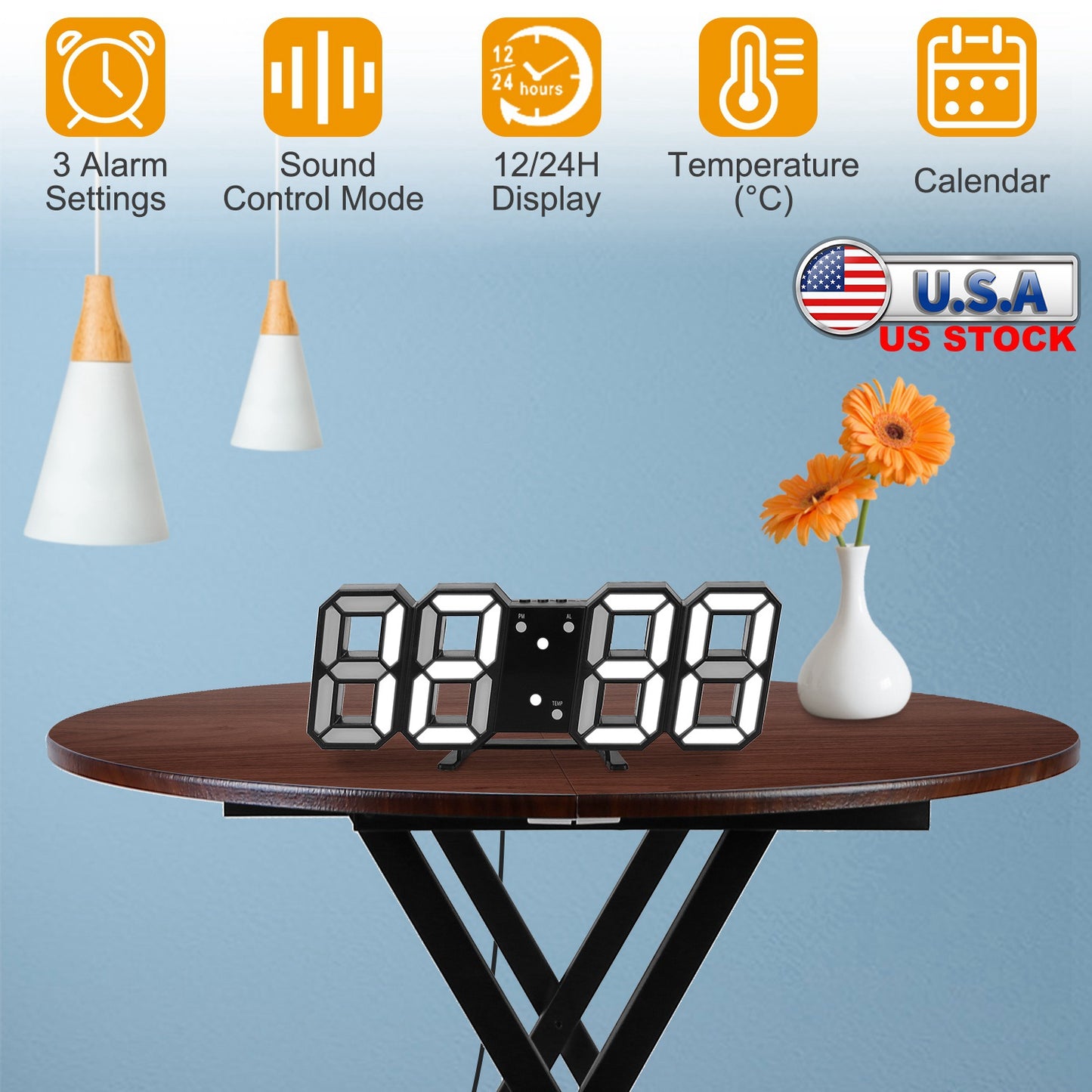 3D LED Digital Wall Clock with Sound Control and Temperature
